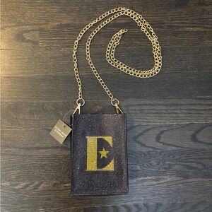 NWT Elton John Black Mini Crossbody Bag with Gold Chain and Yellow Letter “E”